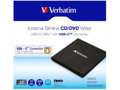 CD/DVD napaľovačka, tenká, kovové puzdro, USB 3.2 - USB-C, VERBATIM