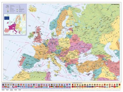 Nástenná mapa, 70x100cm, kovová lišta, Európske krajiny a Európska únia, STIEFEL- výrobok v MJ