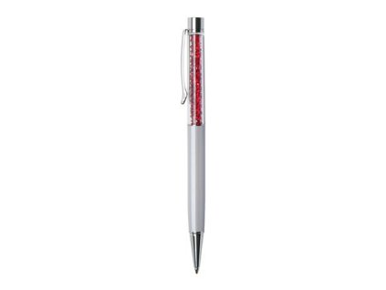 Guľôčkové pero, krémovo-biela, vrch siam červená, plnené SWAROVSKI® krištáľmi, 14 cm, ART CRYSTELLA®