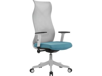 Kancelárska otočná stolička, operadlo zo svetlošedej sieťoviny, tyrkysové sedadlo, biely plastový kríž, „Avalon“