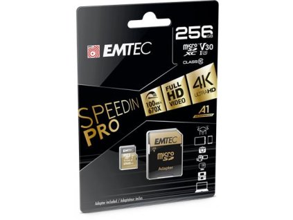 Pamäťová karta, microSDXC, 256GB, UHS-I/U3/V30/A2, 100/95 MB/s, adaptér, EMTEC "SpeedIN"