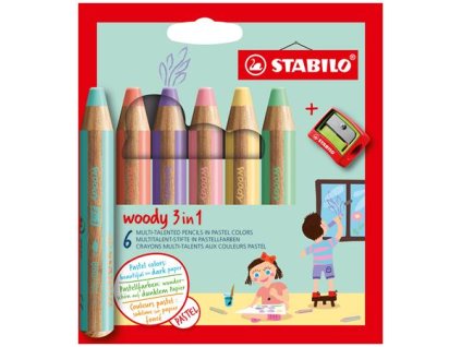 Farebná ceruzka, sada, hrubá, STABILO "Woody 3 in 1 Pastel", 6 rôznych pastelových farieb