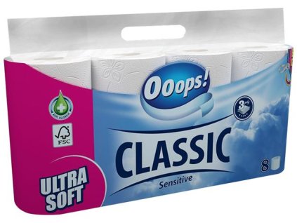 Toaletný papier, 3-vrstvový, malý kotúč, 8 kotúčov, OOOPS "Classic", sensitive