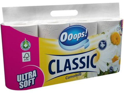 Toaletný papier, 3-vrstvový, malý kotúč, 8 kotúčov, OOOPS "Classic", kamilka