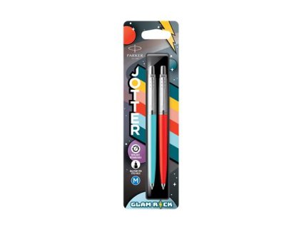 Guľôčkové pero, sada, 0,7 mm, strieborný klip, červené a modré telo pera, PARKER "Jotter Glam Rock", modré