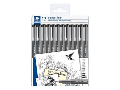 Liner, sada, 12 rôznych hrúbok, STAEDTLER "Pigment Liner 308", čierna
