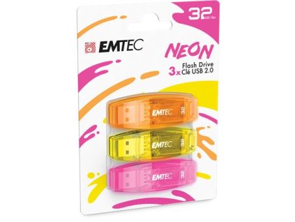 USB kľúč, 32GB, 3 ks, USB 2.0, EMTEC "C410 Neon", oranžová, žltá, ružová