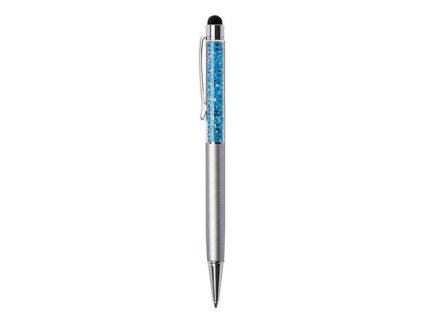 Guľôčkové pero, strieborné, vrch plnený aqua modrým SWAROVSKI® krištáľom, dotykové, 14 cm, ART CRYSTELLA®