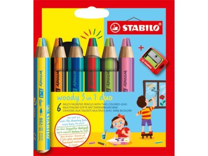 Farebné ceruzky, sada, STABILO "Woody 3 in 1 duo", 6 obojstranných rôznych farieb