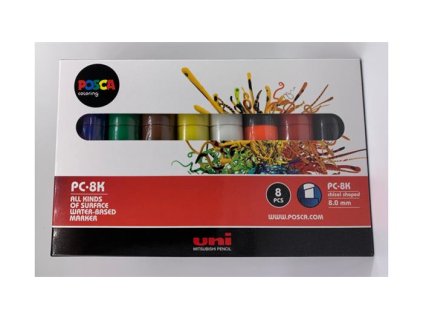 Dekoračný popisovač, sada, 8 mm, zrezaný hrot, UNI "Posca PC-8K", 8 rôznych farieb