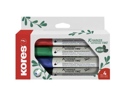 Popisovač na biele tabule a flipchart, 3-5 mm, zrezaný hrot, KORES "ECO K-Marker XW2", 4 rôzne farby