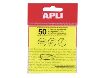 Samolepiaci bloček, priehľadný, vodeodolný, 75x75 mm, 50 listov, APLI, žltá