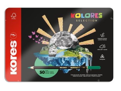 Farebné ceruzky, sada, trojhranné, kovová krabica, KORES "Kolores Selection", 50 rôznych farieb