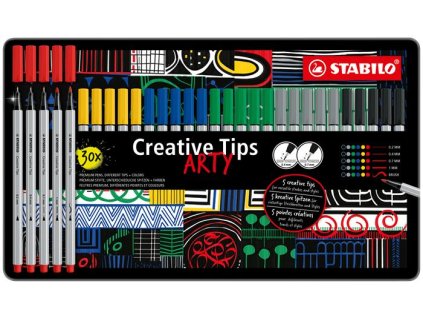 Liner, sada, v kovovej krabičke, STABILO "Creative Tips ARTY", 6 rôznych farieb, 5 rôznych hrúbok