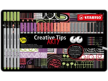 Liner, sada, v kovovej krabičke, STABILO "Creative Tips ARTY", 6 rôznych pastelových farieb, 5 rôznych hrúbok