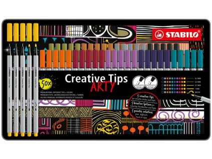 Liner, sada, kovová krabička, STABILO "Creative Tips ARTY", 10 rôznych farieb, 5 rôznych hrúbok