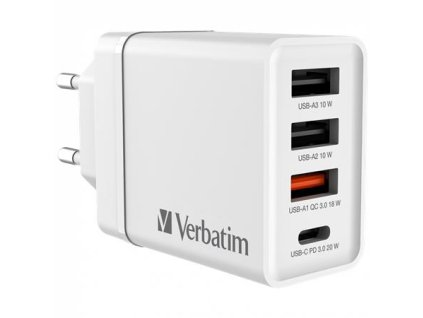 Sieťová nabíjačka, 1xUSB-C PD (20W), USB-A QC 3.0, 2xUSB-A (10W), VERBATIM, biela