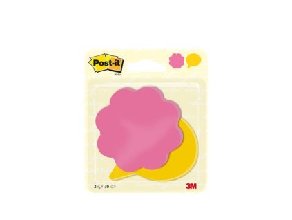 Samolepiaci bloček, v tvare kvetu/bubliny s textom, 72,5x72,5 mm, 60 listov, 3M POST-IT, ružová-žltá