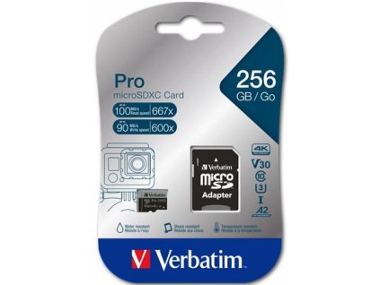 Pamäťová karta, microSDXC, 256 GB, CL10/U3/A2, 100/90 MB/s, s adaptérom, VERBATIM "PRO"