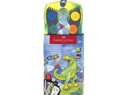 Vodové farby, 12-kusové, skladacie, FABER-CASTELL "Dinosaurus" + 1 tuba bielej temperovej farby + nálepky dinosaura