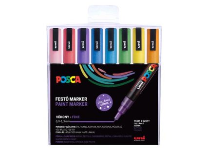 Dekoračný popisovač, sada, 0,9-1,3 mm, UNI "Posca PC-3ML", 8 rôznych trblietavých farieb