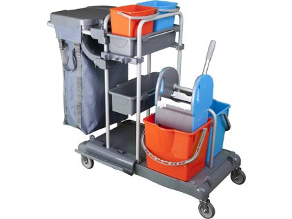 Servisný upratovací vozík 2x6L a 2x18L vedrá, 2 vaničky,plastovo-chrómová konštrukcia, žmýkací lis, 120L PVC nádoba
