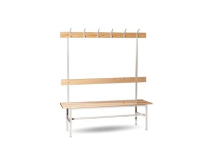 Šatníková lavica jednostranná s opierkou a vešiakmi, v.160 x š.150 x h.33cm, RAL7035 sivá, drevo lipa
