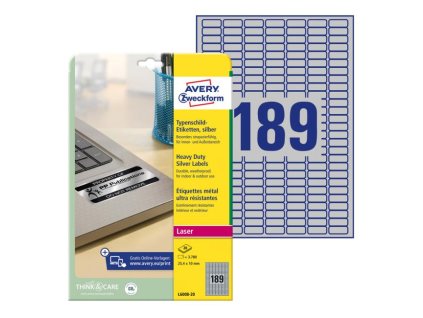 Etikety polyesterové veľmi odolné 25,4x10mm Avery A4 strieborné 20 hárkov
