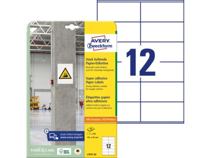 Etikety univerzálne 105x48mm Avery A4, silne lepivé 20 hárkov