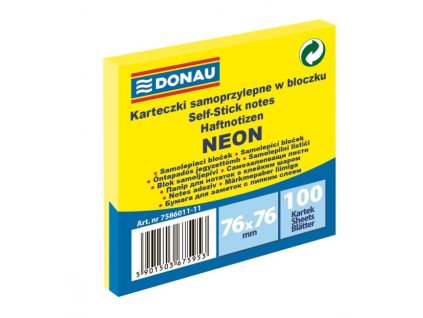 Bloček Donau neónový, 76 x 76 mm, žltý, 100 lístkov
