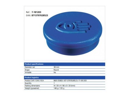 Magnet 30 mm modrý 10 ks