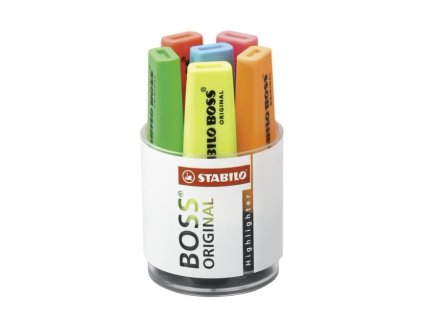 Sada zvýrazňovačov STABILO BOSS ORIGINAL 6 ks sklenná dóza žltá, zelená, oranžová, červená, ružová, modrá
