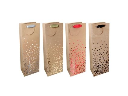 Papierová taška na víno 120x360mm KRAFT textilné ušká vo farbe tašky mix 4 motívov bez možnosti výberu Bublinky