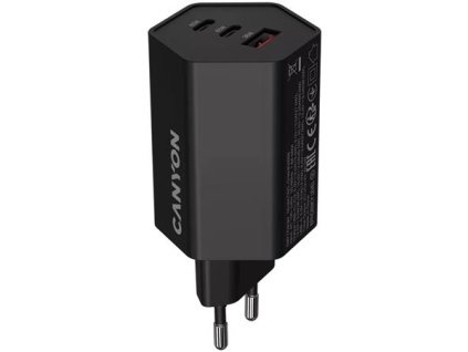 Sieťová nabíjačka, 1×USB-A, 2×USB-C, 65 W, CANYON „Hexagon 65“, čierna