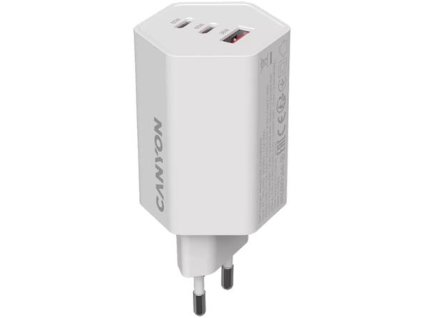 Sieťová nabíjačka, 1×USB-A, 2×USB-C, 65 W, CANYON „Hexagon 65“, biela