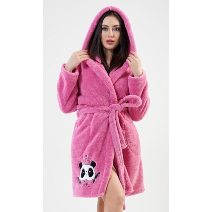 Dámský župan krátký s kapucí Panda (Barva Růžová - tmavě, Velikost S)