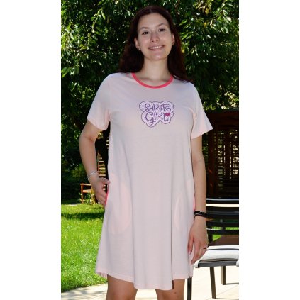 Dámské domácí šaty s krátkým rukávem Super girl (Barva Růžová - světle, Velikost S)