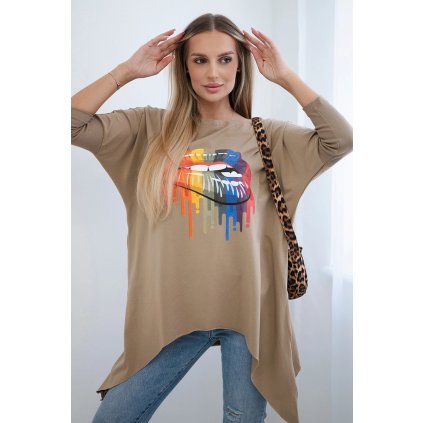 Oversize halenka s potiskem duhových rtů (Velikost UNI, Barva Béžová)
