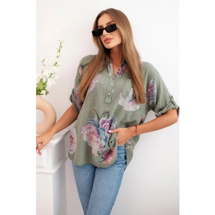 Dámská bavlněná halenka ART12038 s květinovým vzorem (Velikost UNI, Barva Modrá)