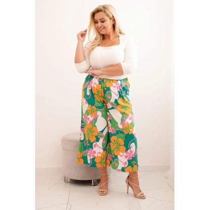 Kalhoty Plus Size MY311 z viskózy s květinovým vzorem (Velikost UNI, Barva Oranžová)