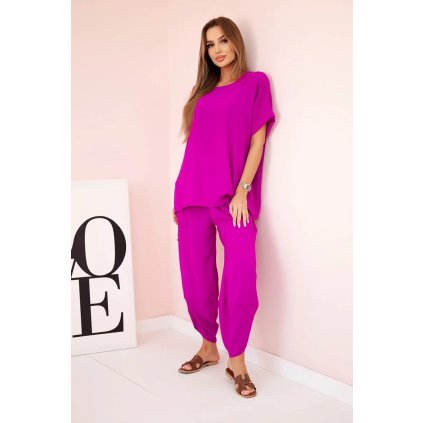 Komplet z viskózy halenka + kalhoty tmavě fialová (Velikost UNI, Barva Růžová - tmavě)