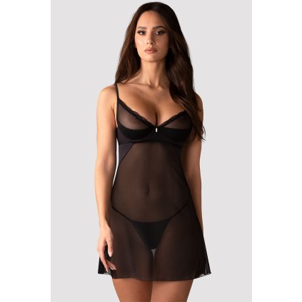 Obsessive Stelisa chemise - košilka + tanga (Velikost S/M, Barva Černá)