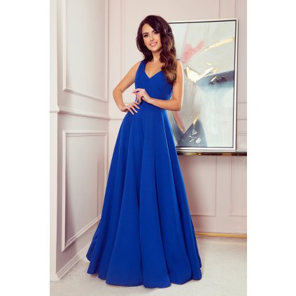Numoco CINDY dlouhé šaty s výstřihem - modré 246-3 (Velikost S, Barva Modrá)