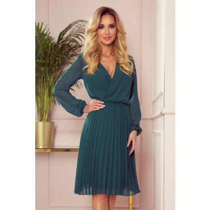 Numoco ISABELLE Plisované šaty s výstřihem a dlouhým rukávem - zelená 313-1 (Velikost XS, Barva Zelená)