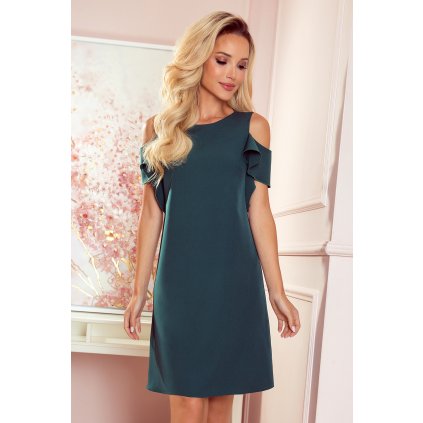 Numoco Lichoběžníkové šaty s volánky na ramenou - zelené 359-2 (Velikost S, Barva Zelená)