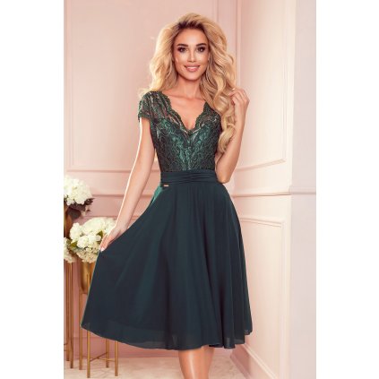 Numoco LINDA - šifonové šaty s krajkovým výstřihem - zelené 381-2 (Velikost S, Barva Zelená)