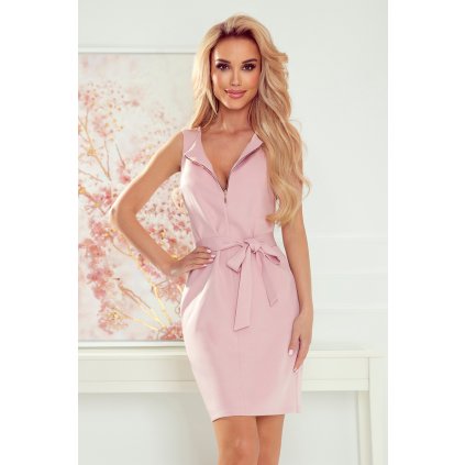 Numoco Šaty se zlatým zipem a zavazováním - špinavě růžové 380-2 (Velikost XS, Barva Růžová)