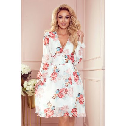 FRANCES - šifonové šaty s výstřihem - slézový vzor 388-2 (Velikost XS, Barva Bílá)