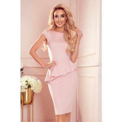 Elegantní midi šaty s volánky - pudrově růžová 192-13 (Velikost S, Barva Růžová)