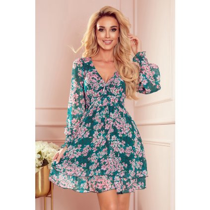 Numoco MONICA šifonové šaty se zavazovaným výstřihem - růžové květy na zeleném podkladu 410-2 (Velikost S, Barva Zelená)